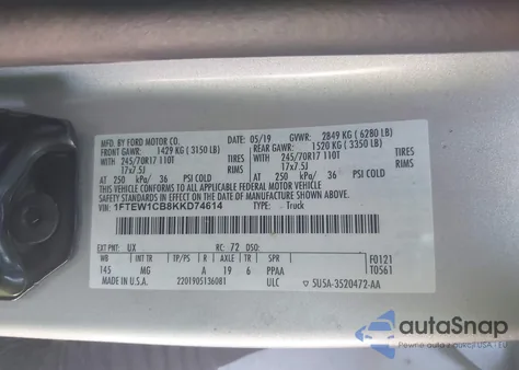 2019 Ford F-150 Xlt z USA, uszkodzony, nr VIN 1FTEW1CB8KKD74614